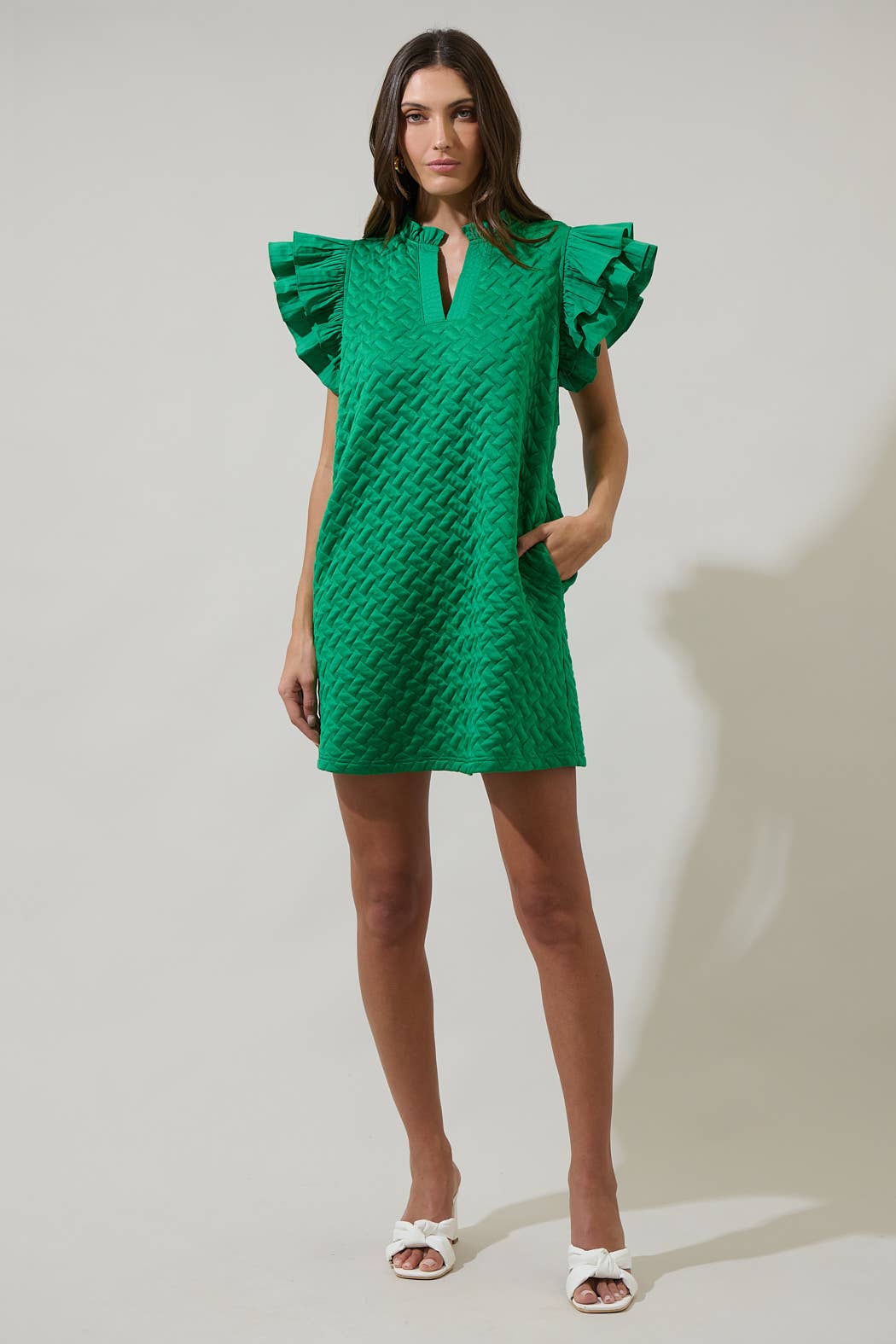 Yulia Quilted Adalee Ruffle Mini Dress: Kelly-Green
