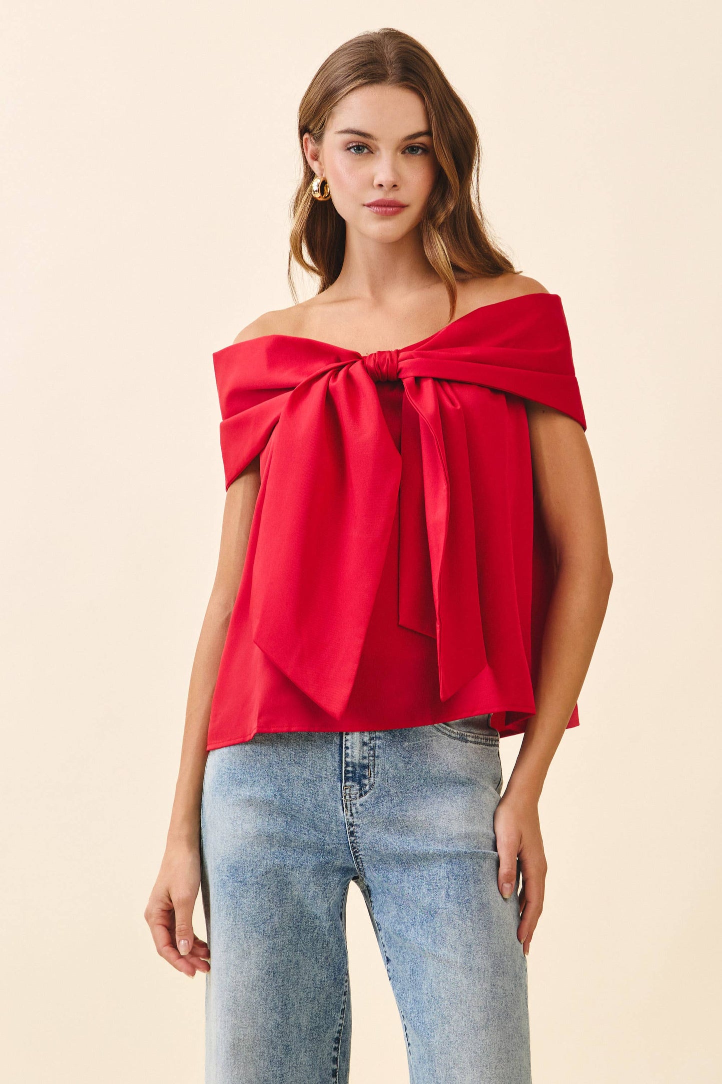 CT9079-Bow Accented Off The Shoulder Top: Red / M