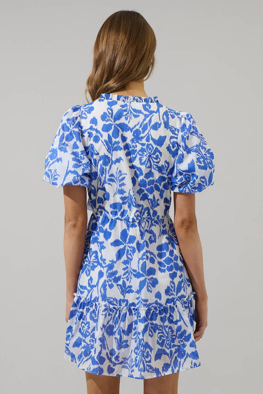 Shia Floral Noella Shift Mini Dress: White & Blue