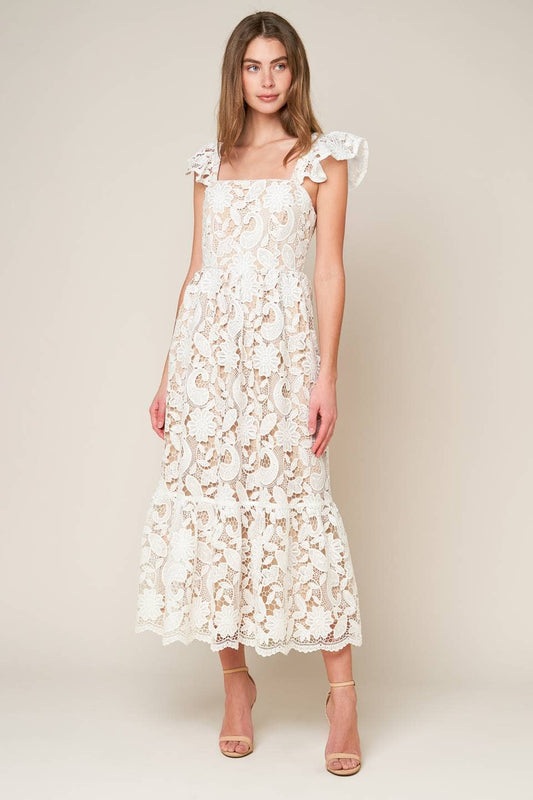 Solid Lace Midi Dress: White