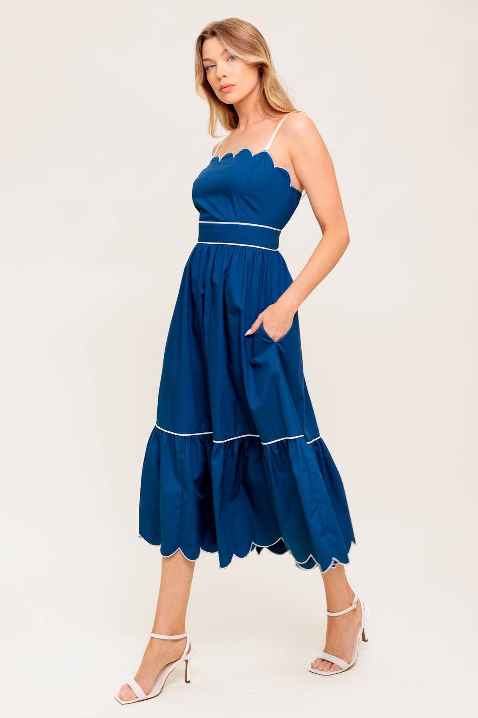 Solid Scallop Sundress Midi: Navy & White