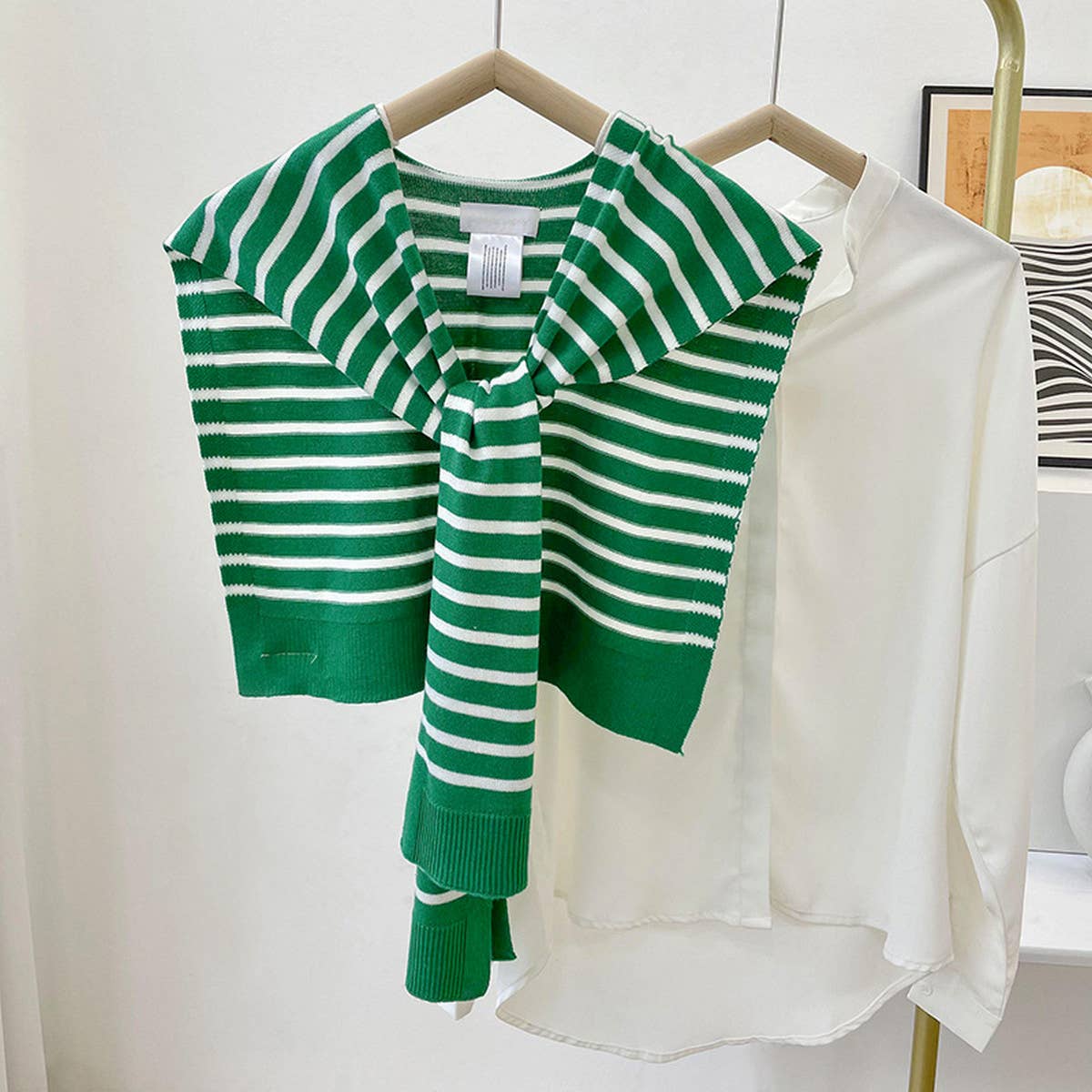 STRIPED KNITTED OUTER SHAWL_CWASC0758: Green / (OS) 1