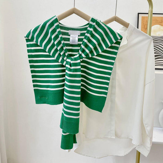 STRIPED KNITTED OUTER SHAWL_CWASC0758: Green / (OS) 1