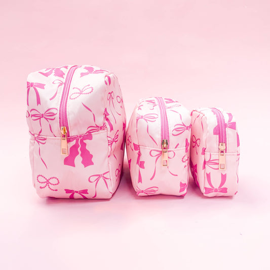 Pink Bows Nylon Cosmetic Zipper Bag: Small
