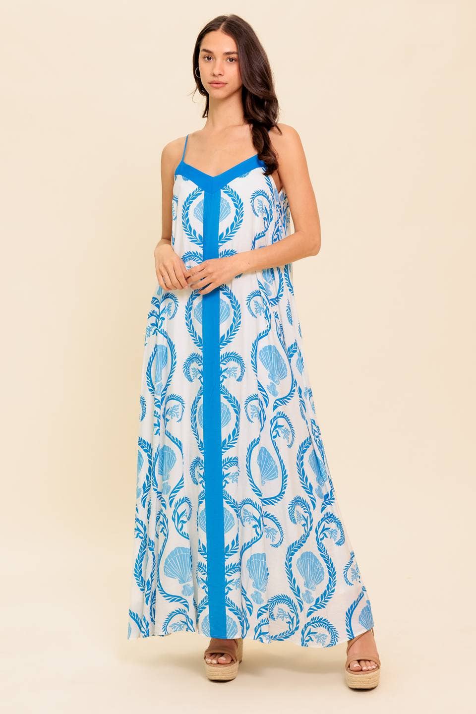 Printed woven maxi dress: Ivory & Blue
