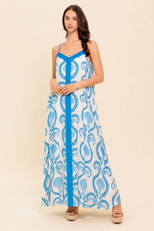 Printed woven maxi dress: Ivory & Blue