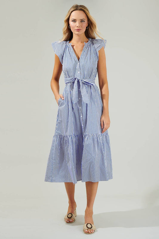 Dynamite Stripped Button Midi Dress: Blue & White