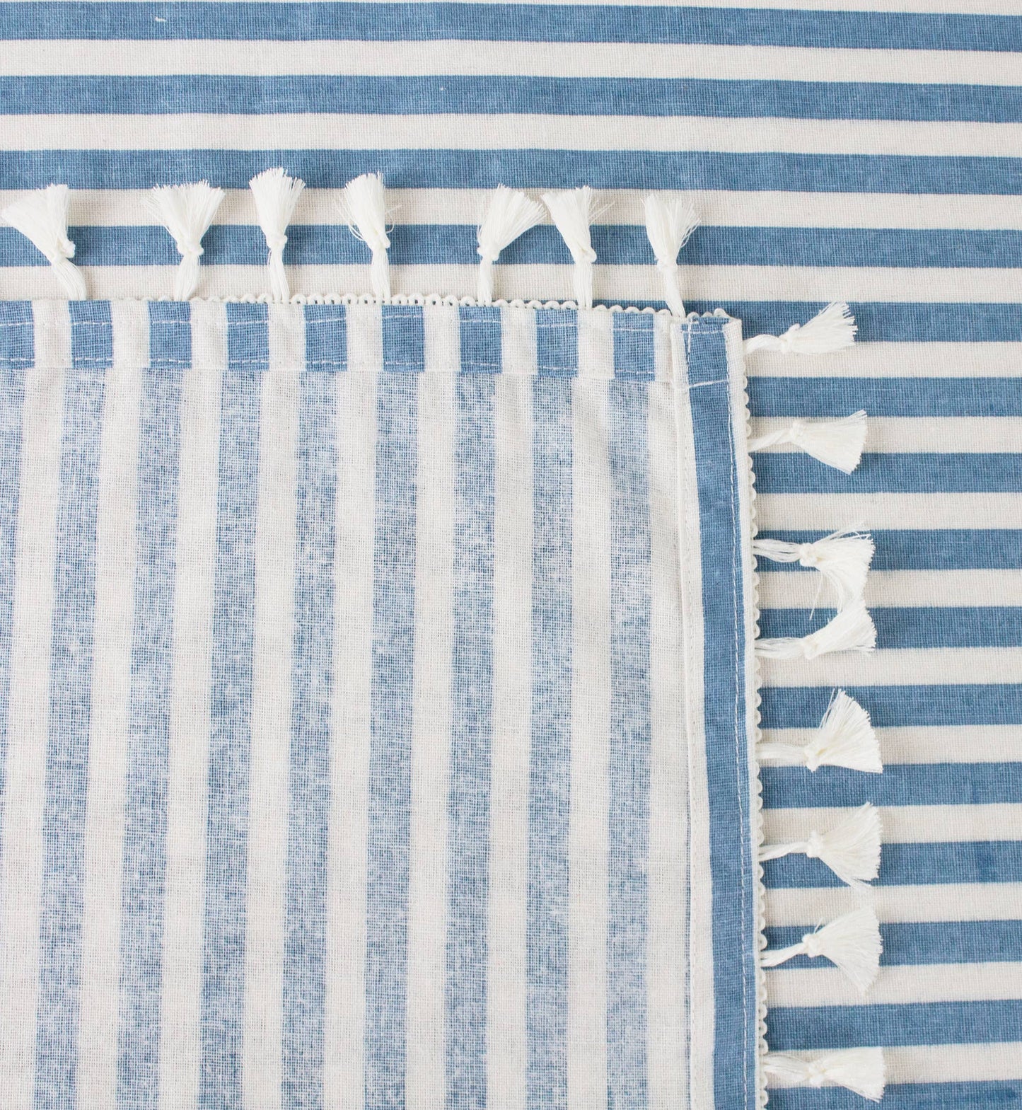French Blue Simply Striped Tasseled Cotton Blend Tablecloth: 55"x55"