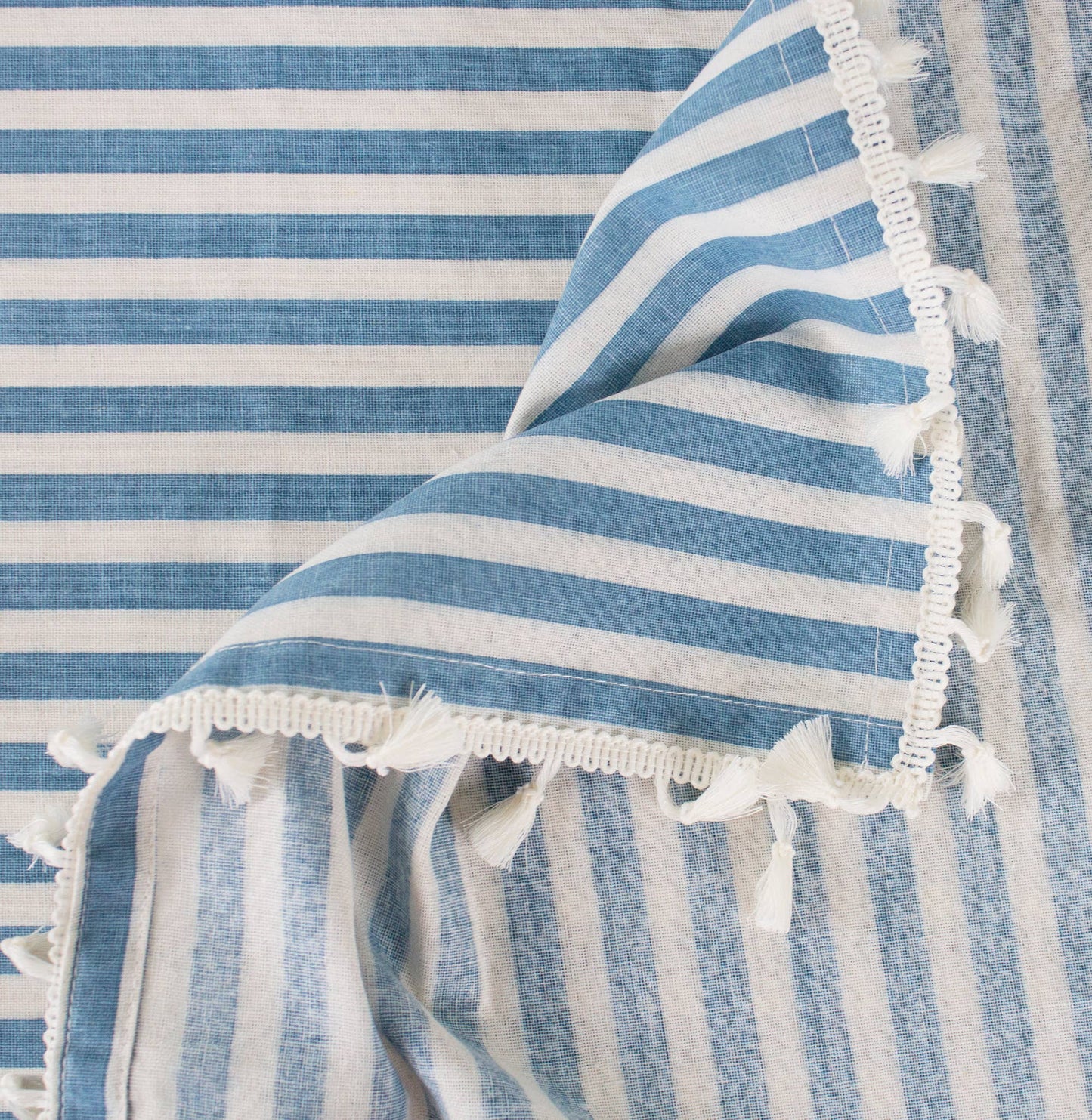 French Blue Simply Striped Tasseled Cotton Blend Tablecloth: 55"x55"