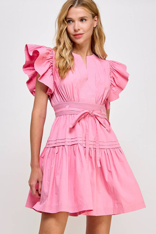 Flutter Sleeve Poplin Mini Dress: Pink