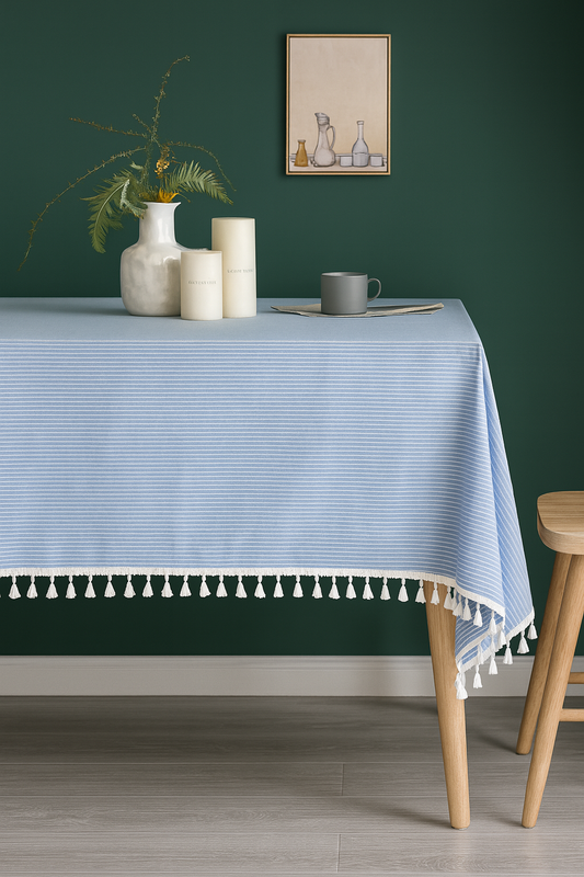 Blue and White Pinstripe Cotton Blend Tablecloth with Fringe: 55"x55" square