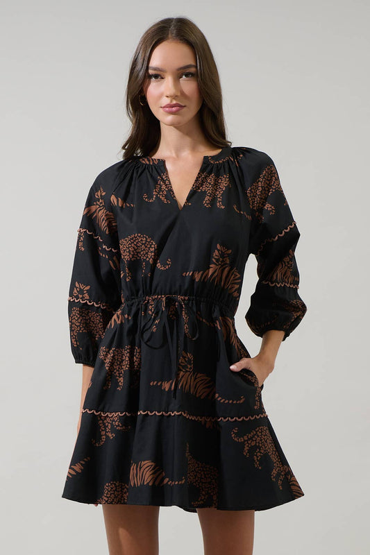 Zenzi Jungle Dabria Split Neck Mini Dress: BlackTan