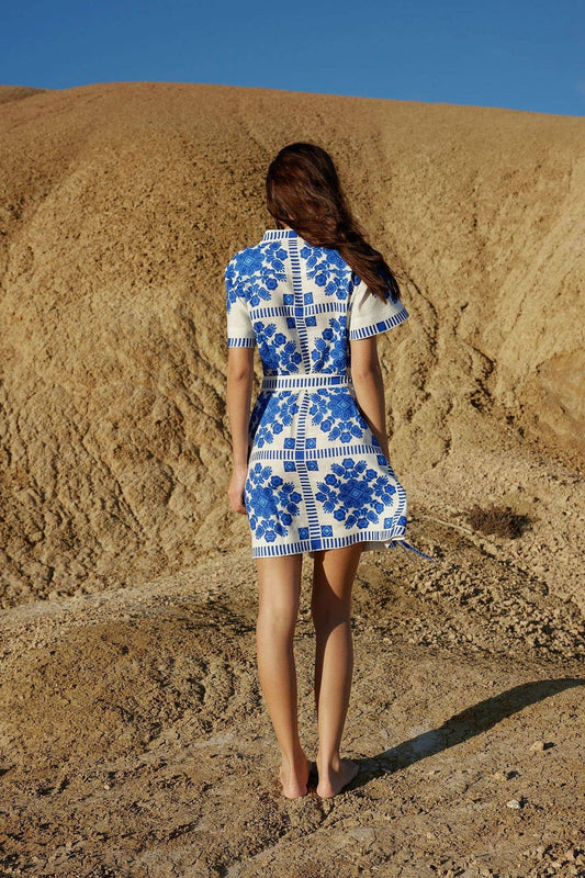 Porcelain Block Print Dress: Blue & White