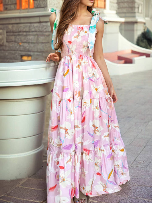 Floral Print Knotted Shoulder Smocked Maxi Dress: Pink