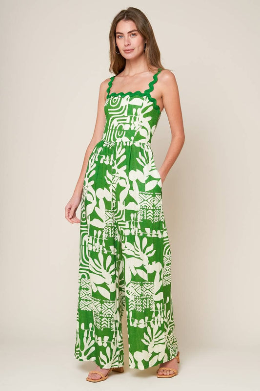 Print Woven Jumpsuit: Green & Ivory