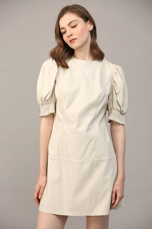 SHORT PUFF SLEEVE FAUX LEATHER DRESS