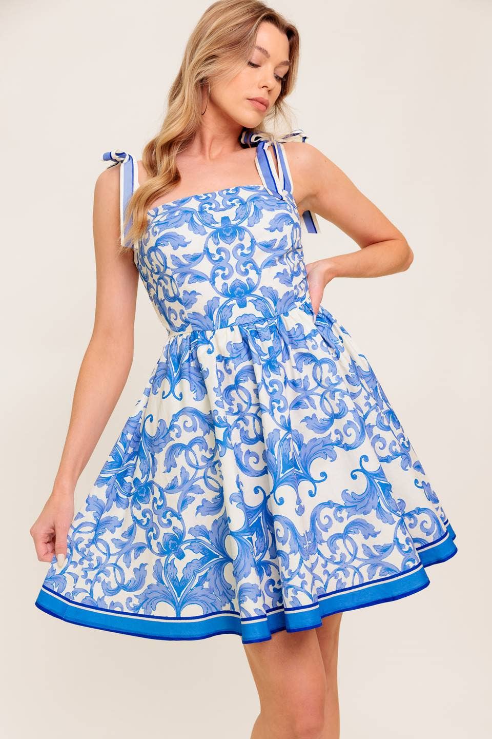 Print Tie Top Dress: Ivory & Blue