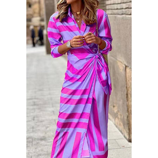 Shirt Collar Lacing Mid-Length Striped Dress