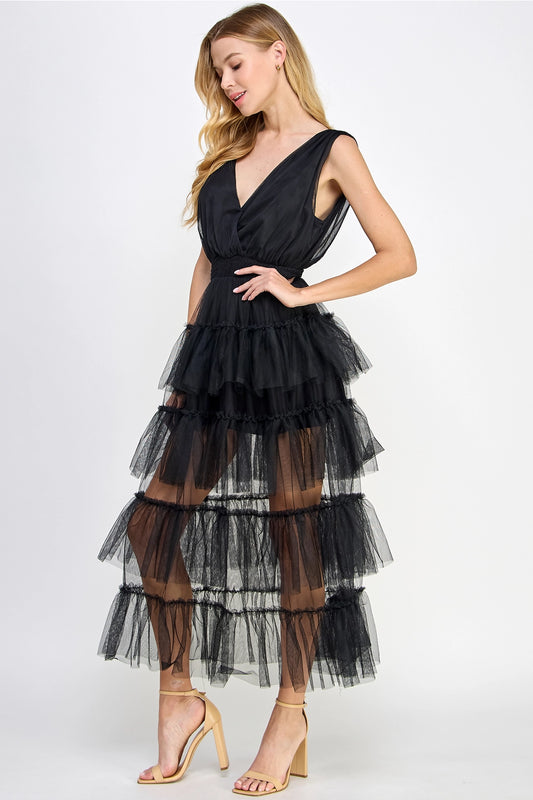 Layered Midi Dress: Black