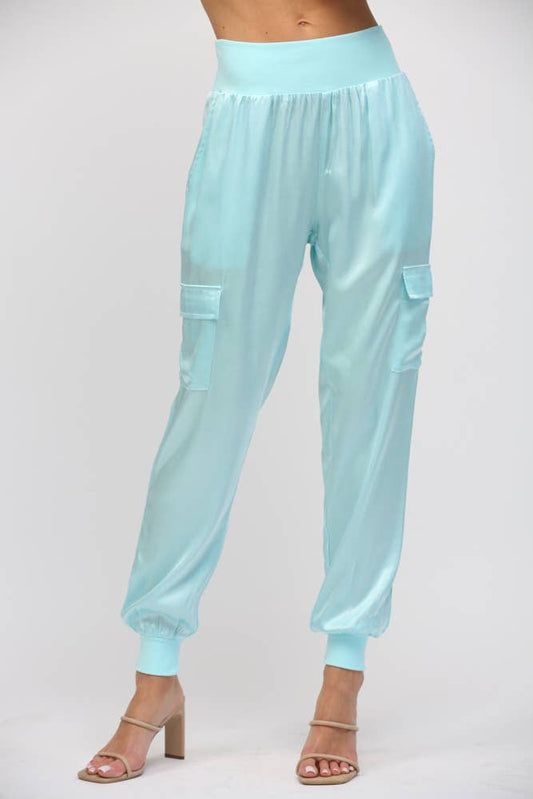 SATIN CARGO JOGGER PANTS, AQUA