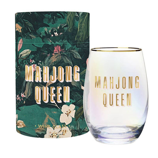 Gold Foil Stemless Wine Glass - Mahjong Queen: 17oz, 4.5" H