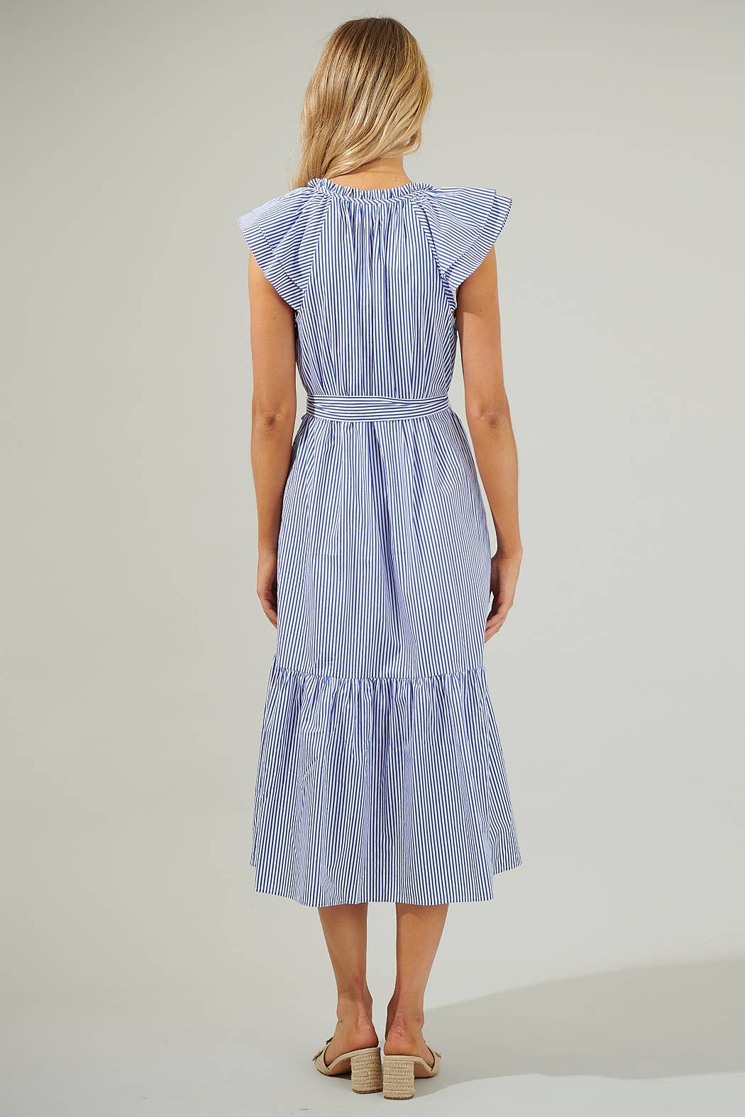 Dynamite Stripped Button Midi Dress: Blue & White
