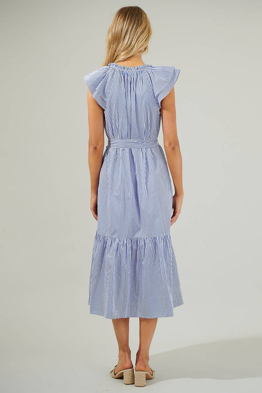 Dynamite Stripped Button Midi Dress: Blue & White