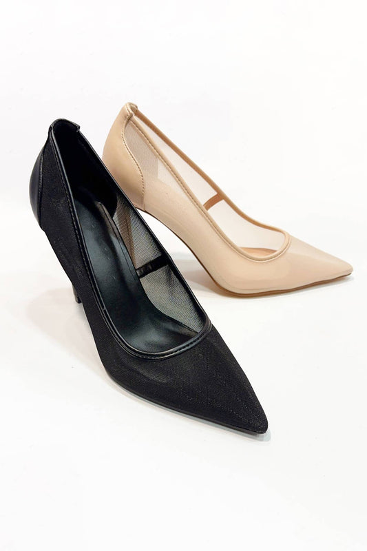 NEROLI-56 POINTED-TOE MESH UPPER STILETTO HEELS: NUDE / B12