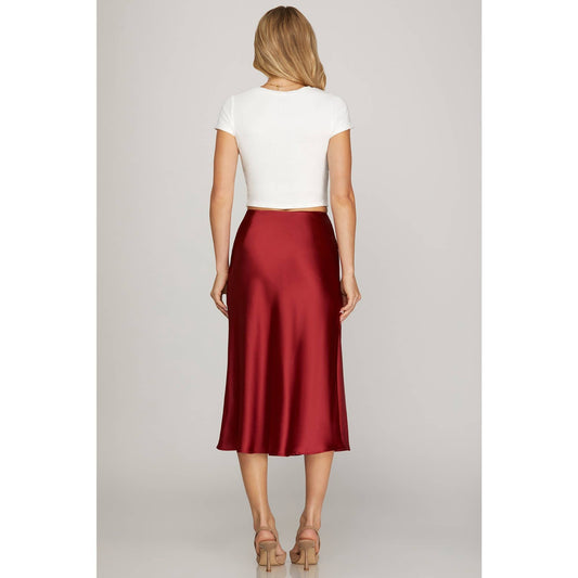 SATIN BIAS MIDI SKIRT: RED