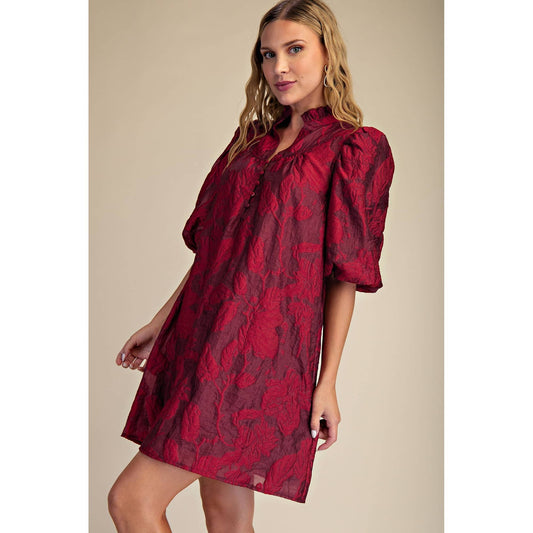 Ruffled Neck Dress: BURGUNDY