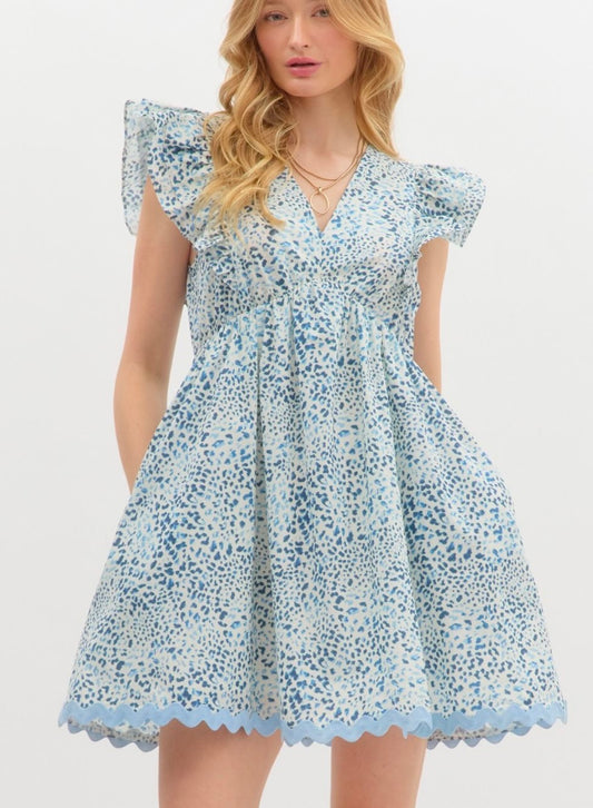 Animal Print Dress with Scallop Hem: Blue