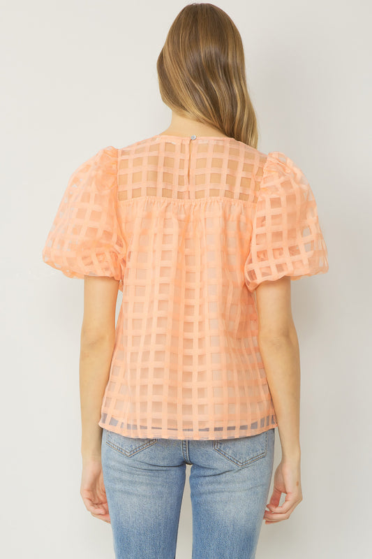 Chiffon Mesh Grid Top: Peach