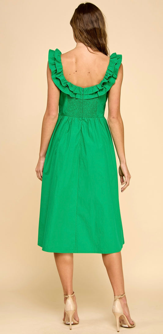 Wide Neckline Pleated Dress: Green
