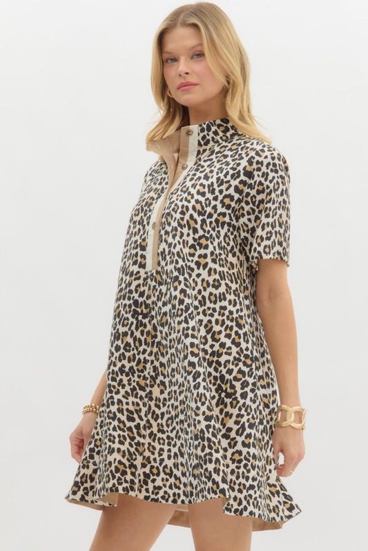 Leopard Dress w/ Accent Collar