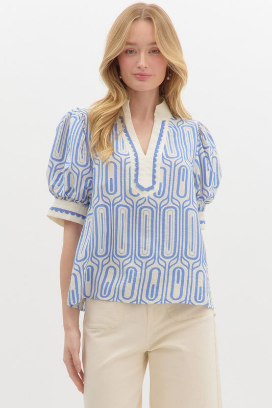Geo Print Top: Blue & White