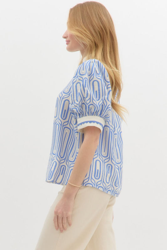 Geo Print Top: Blue & White