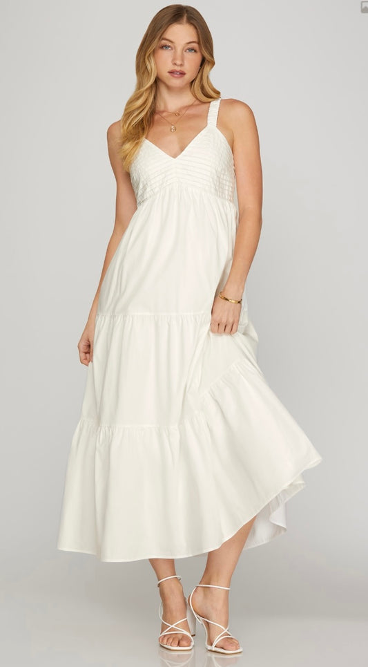 Pintuck Sleeveless V-Neck Maxi: White