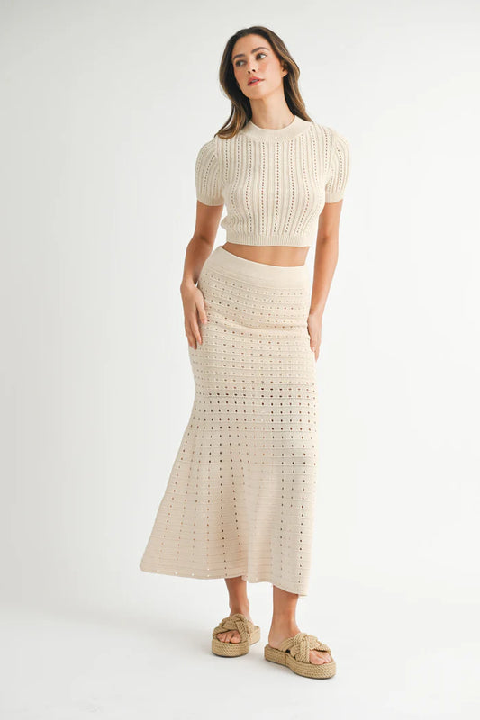 Pointelle Sweater and Skirt SET: Taupe