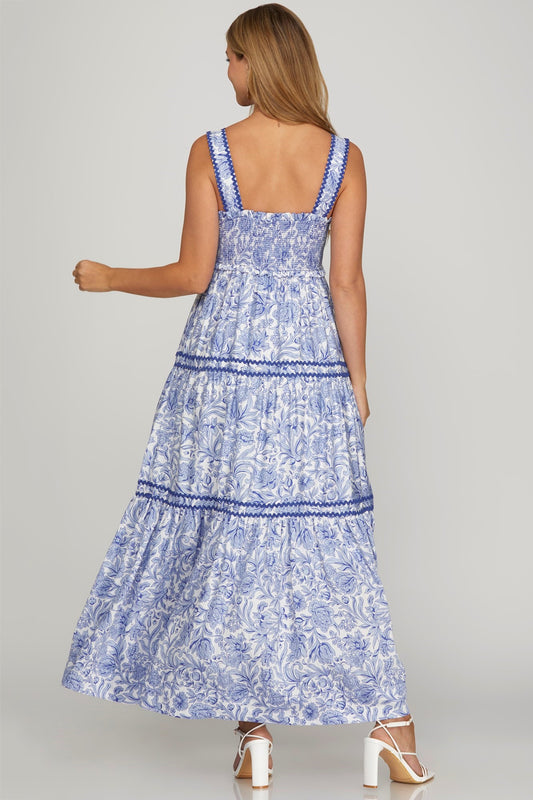 Smocked Tiered Maxi w/ RicRac Trim: Blue