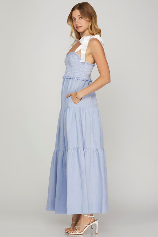 Satin Tie Top Maxi: Chambray