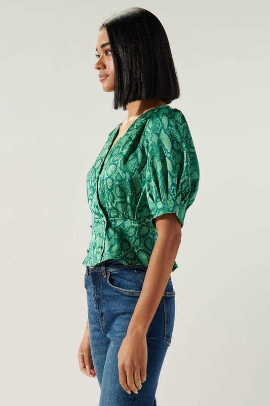 Gwendolyn Snake Print Puff Sleeve Peplum Blouse: Green
