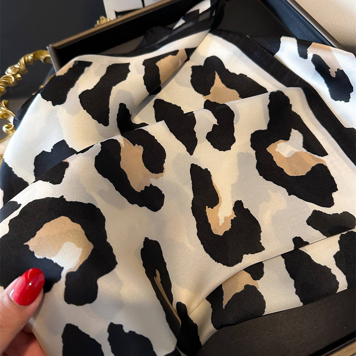 Leopard Print Satin Square Scarf, Hair Wrap_CWASC1425: White / (OS) 3