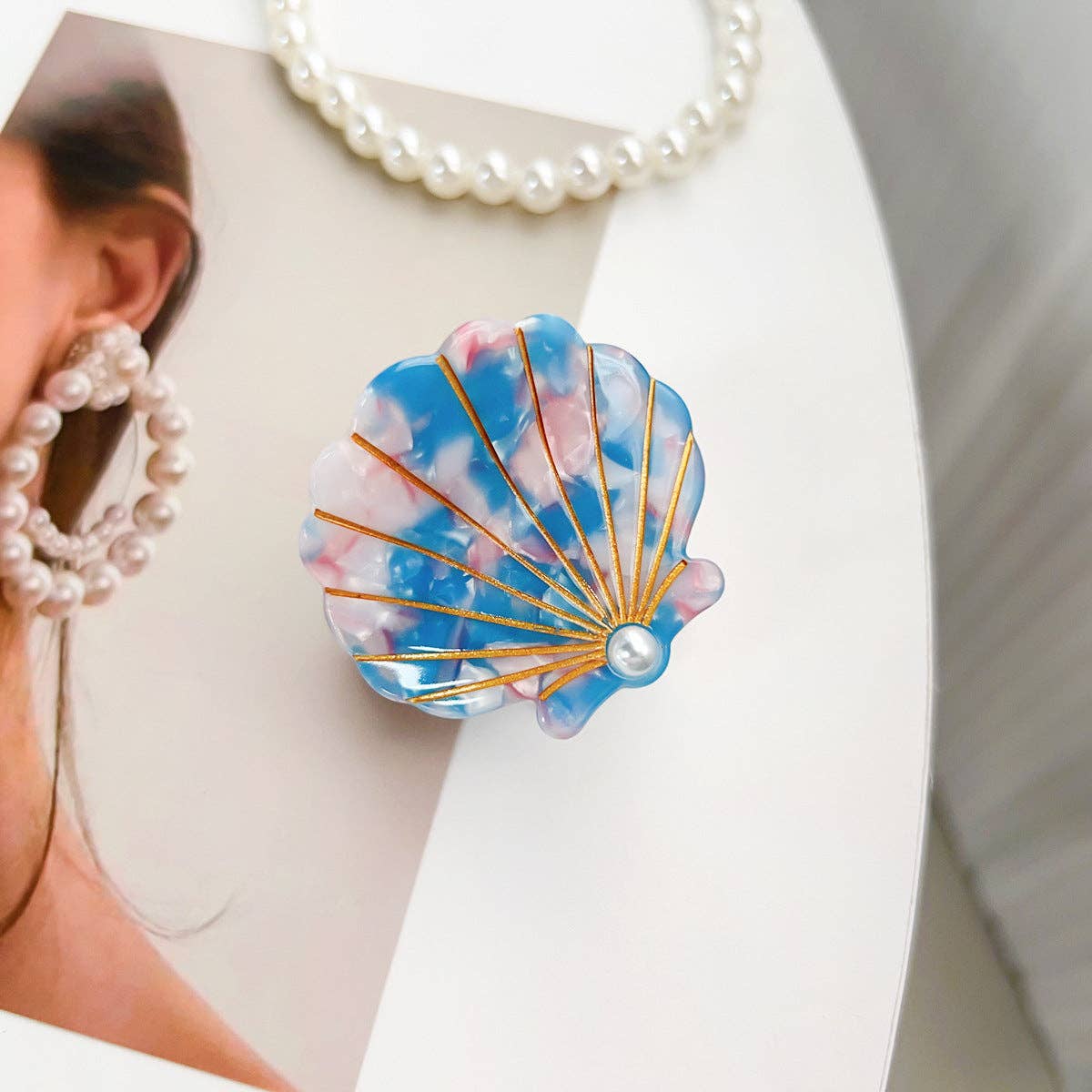 Summer Seaside Pearl Shell Acetate Hair claw clips: Cyan-blue
