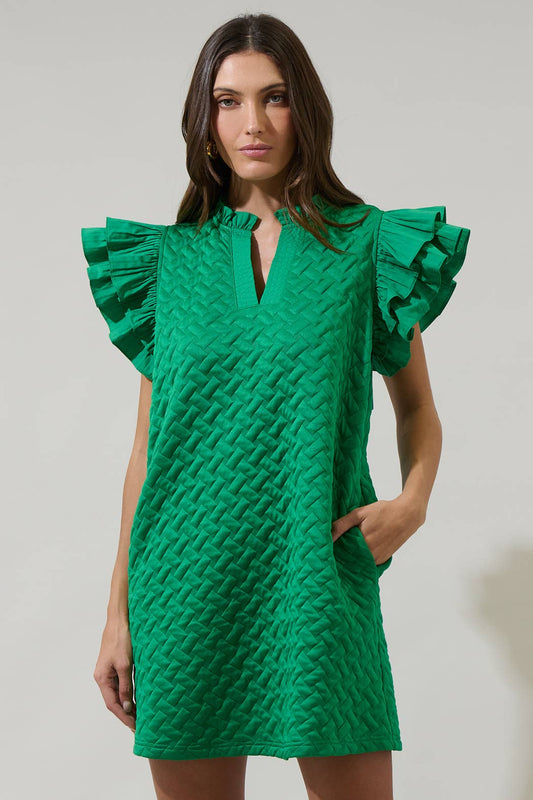 Yulia Quilted Adalee Ruffle Mini Dress: Kelly-Green