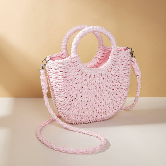 Half-moon shape handbag straw woven beach summer handbag: Pink