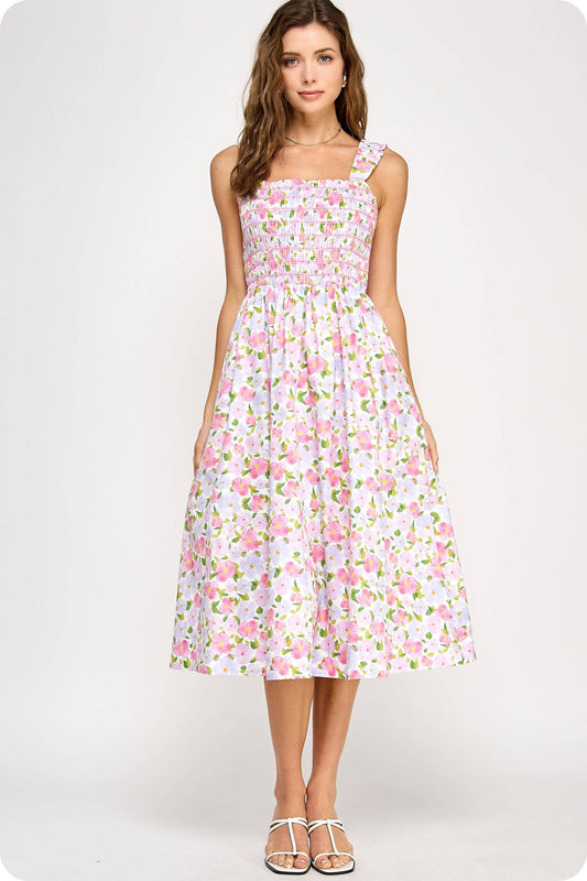 Floral Print Contrast Smocking Midi Dress: Pink Multi