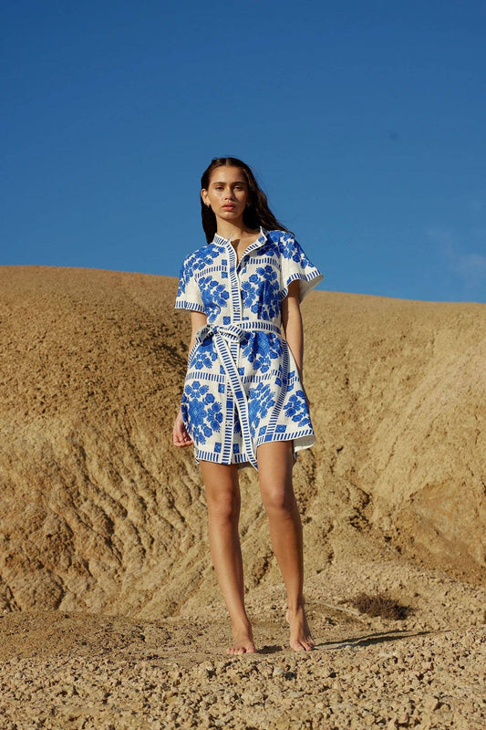 Porcelain Block Print Dress: Blue & White