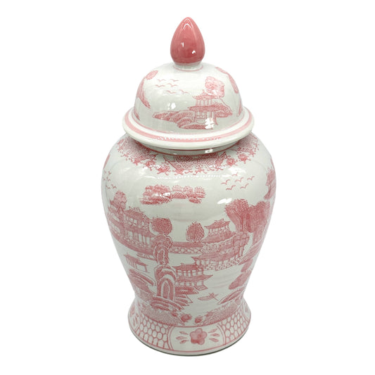 Pink & White Chinoiserie Ceramic Jar 18"