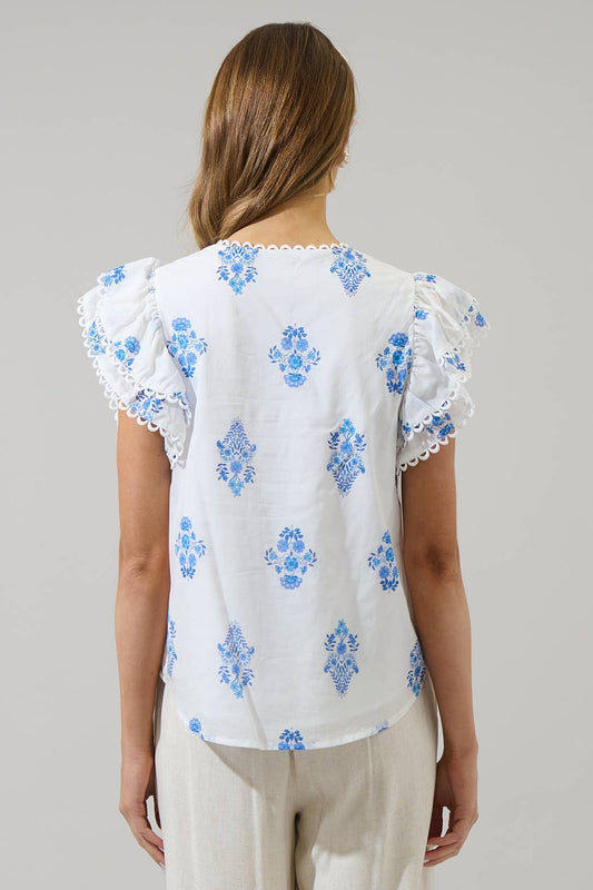 Yila Floral Ema Ruffle Top: WHT-BLUES