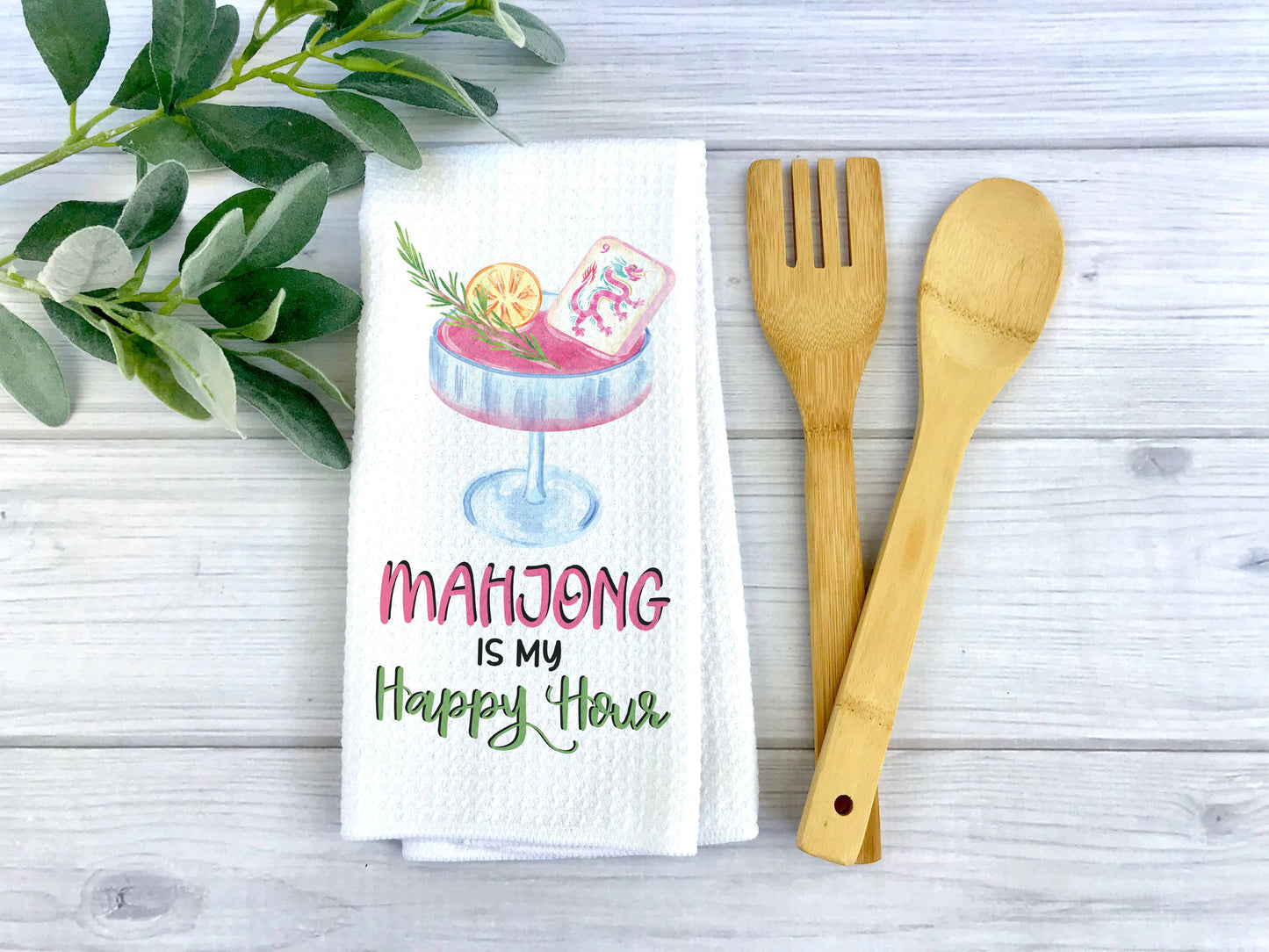 Mahjong Happy Hour Towel, Cocktail Tile Game Decor Hostess: Transparent Cellophane Sleeve with Hanger Flap